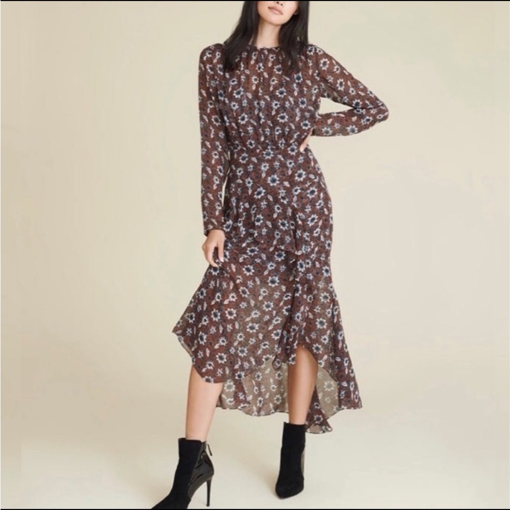 Veronica Beard Floral Long Sleeve Dress in Brown and Blue